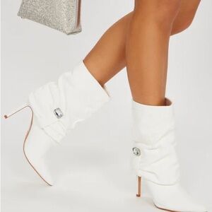 NWT. Fashion Nova White Denim Stiletto Heeled Boots with Rhinestone Detail